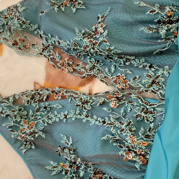 🤎 PROM TULLE LACE V BRONZE HALTER FORMAL GREEN BLUE MERMAID GRUNGE ROCK GOWN - Picture 4 of 8